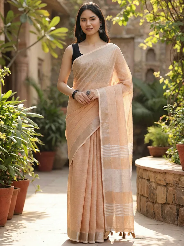 Tan_Linen_Zari_Border_Tassel_Saree_For_Women