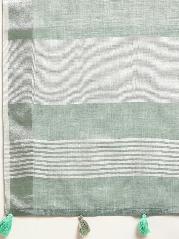 Sea_Green_Linen_Woven_Zari_Border_Tassel_Saree_For_Women