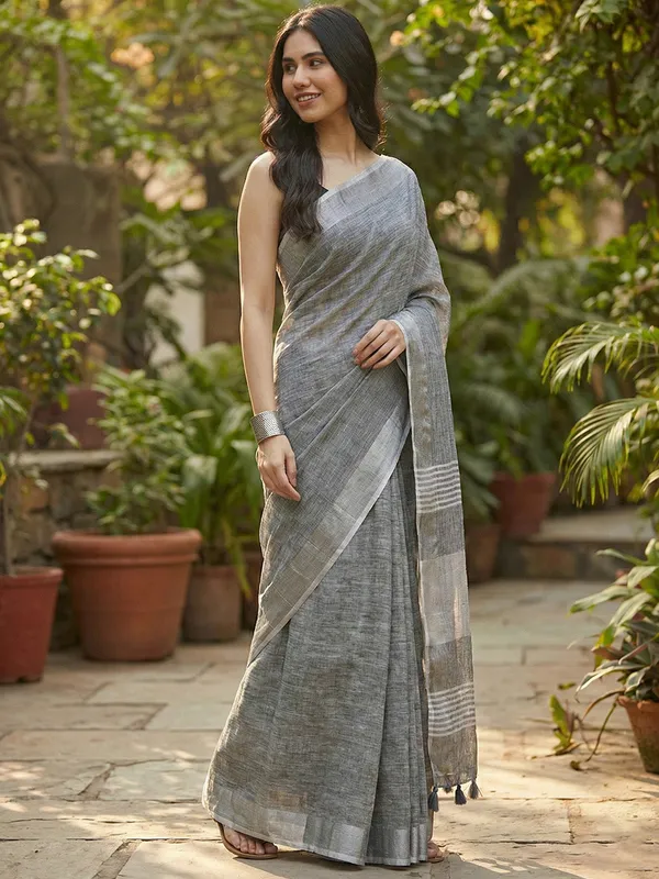 Dark_Grey_Linen_Zari_Border_Woven_Saree_For_Women