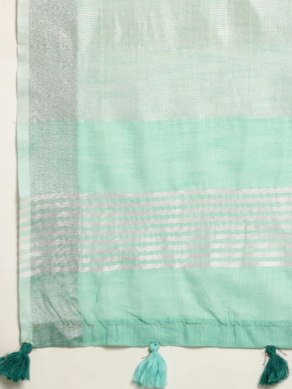 Turquoise_Linen_Woven_Saree_Zari_Border_Tassel_For_Women