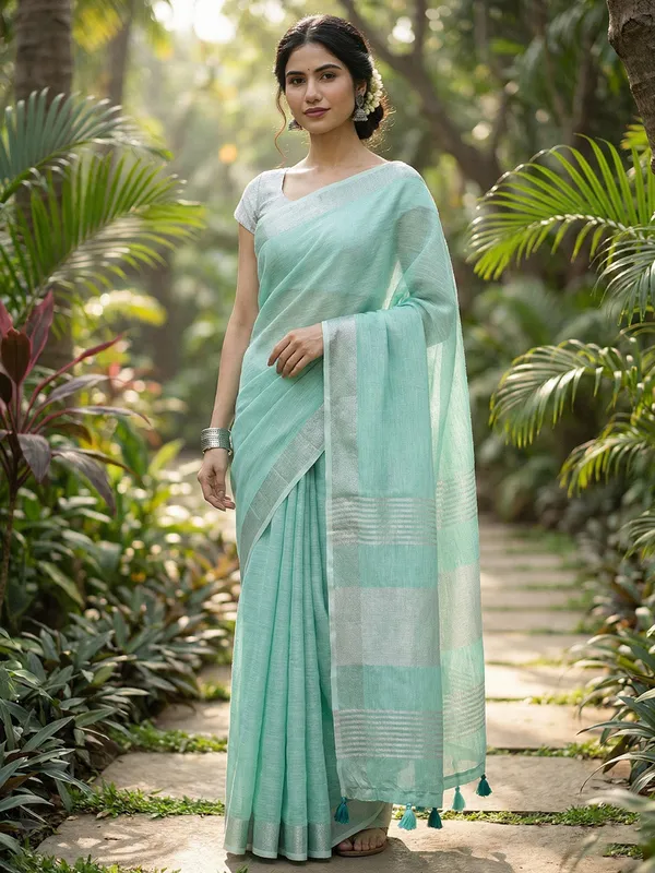Turquoise_Linen_Woven_Saree_Zari_Border_Tassel_For_Women