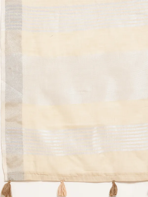 Beige_Linen_Woven_Saree_Zari_Border_Tassel_For_Women