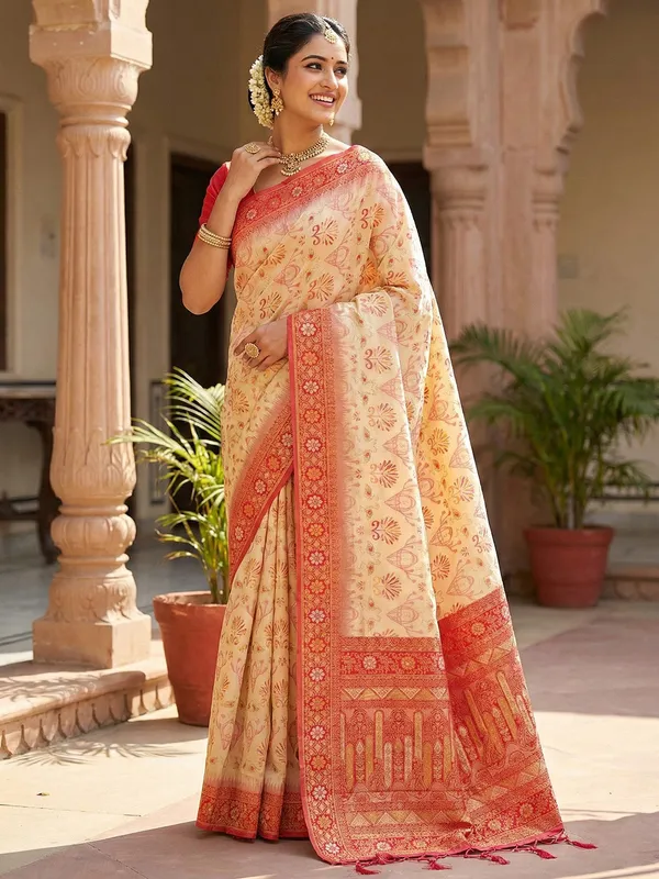 Off_White_Red_Banarasi_Art_Silk_Kanjivaram_Saree_For_Women