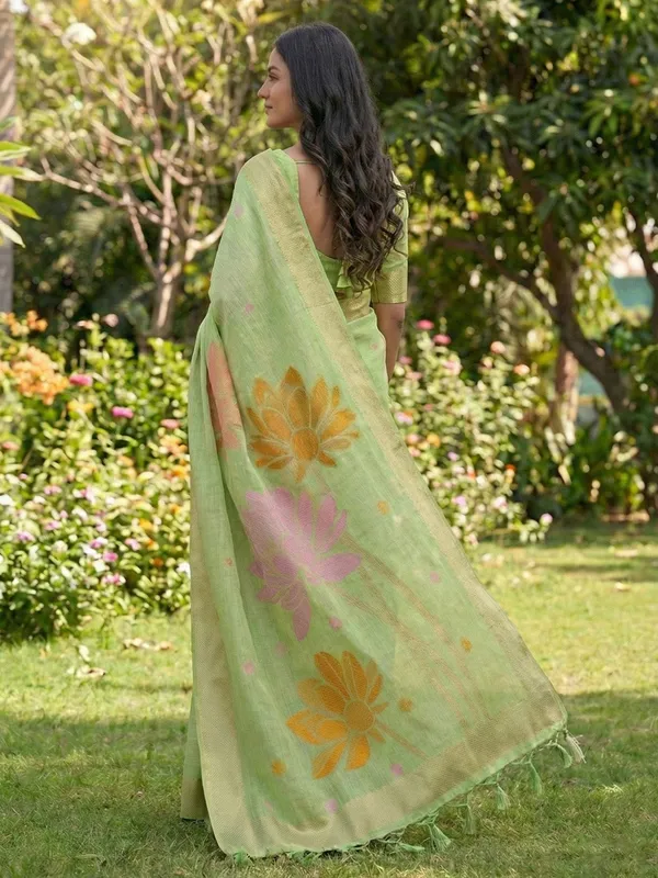 Pista_Green_Gold_Linen_Silk_Floral_Printed_Saree_For_Women