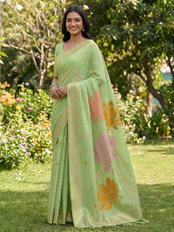 Pista_Green_Gold_Linen_Silk_Floral_Printed_Saree_For_Women