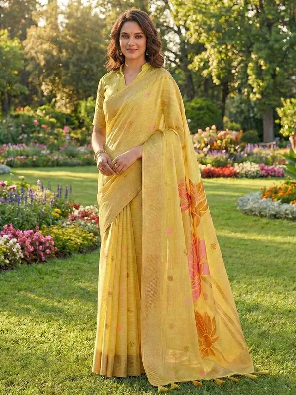 Mustard_Yellow_Pink_Linen_Silk_Floral_Printed_Saree_For_Women
