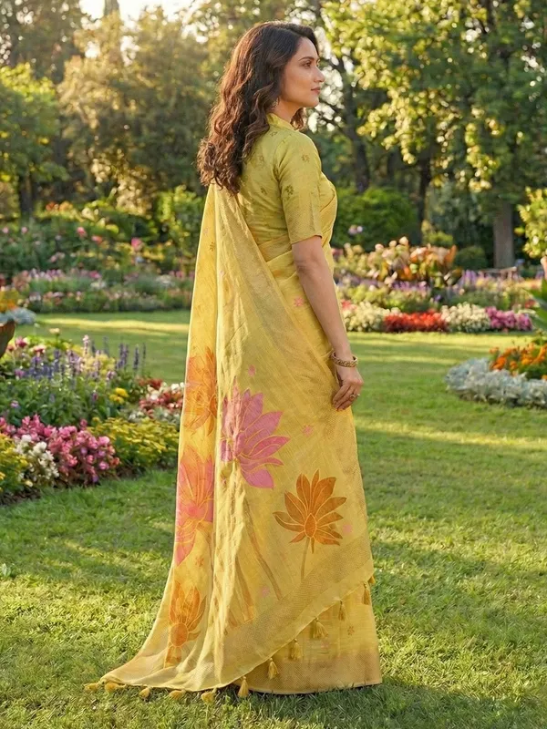 Mustard_Yellow_Pink_Linen_Silk_Floral_Printed_Saree_For_Women