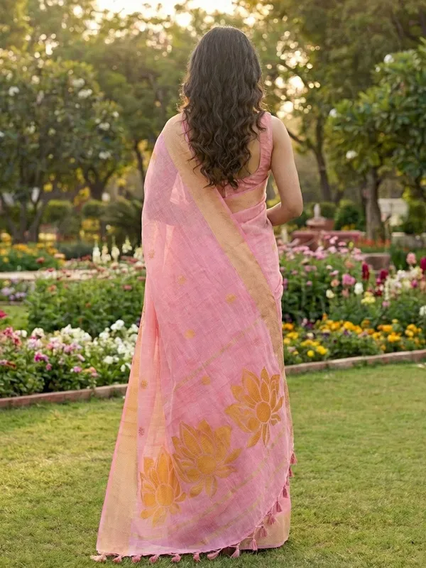 Baby_Pink_Orange_Linen_Silk_Floral_Printed_Saree_For_Women