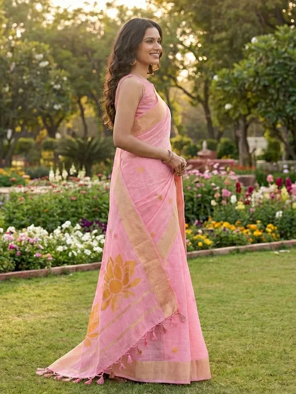 Baby_Pink_Orange_Linen_Silk_Floral_Printed_Saree_For_Women