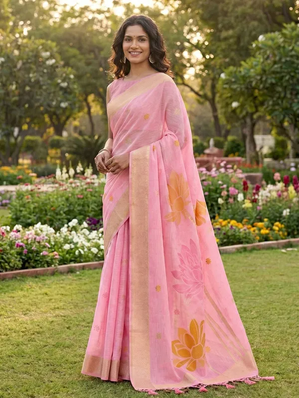 Baby_Pink_Orange_Linen_Silk_Floral_Printed_Saree_For_Women