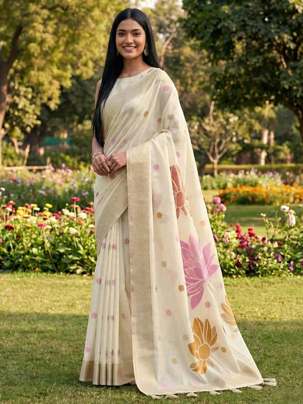 Off_White_Pink_Linen_Silk_Floral_Printed_Saree_For_Women