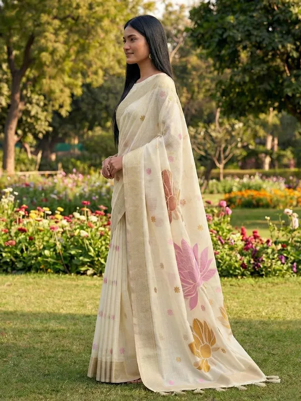 Off_White_Pink_Linen_Silk_Floral_Printed_Saree_For_Women