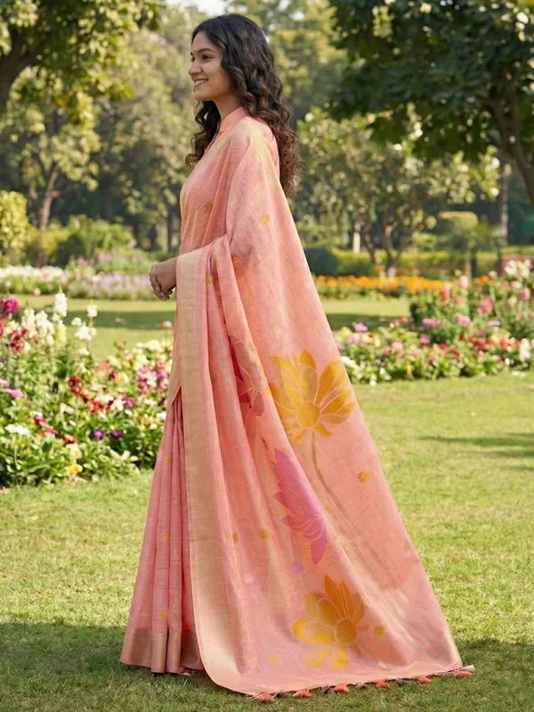 Peach_Yellow_Linen_Silk_Floral_Printed_Saree_For_Women