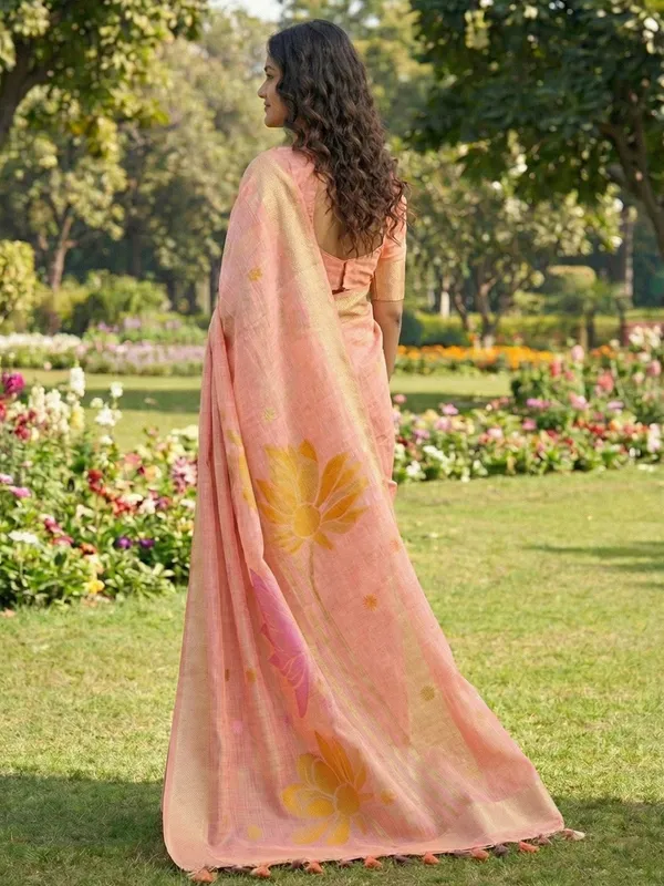 Peach_Yellow_Linen_Silk_Floral_Printed_Saree_For_Women