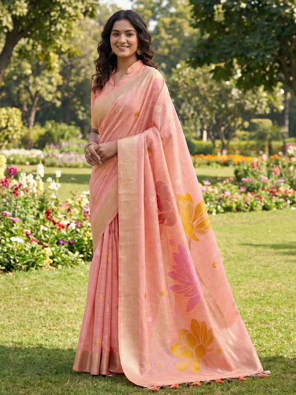 Peach_Yellow_Linen_Silk_Floral_Printed_Saree_For_Women