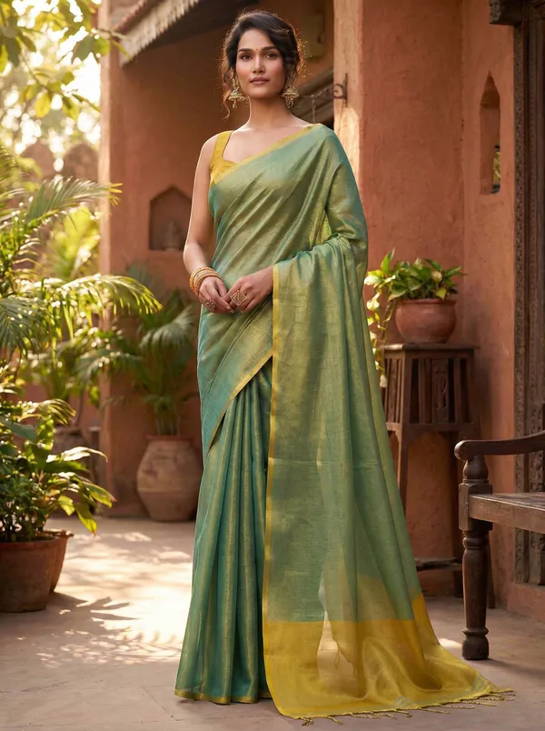 Teal_Green_Gold_Tissue_Silk_Solid_Zari_Border_Saree_For_Women