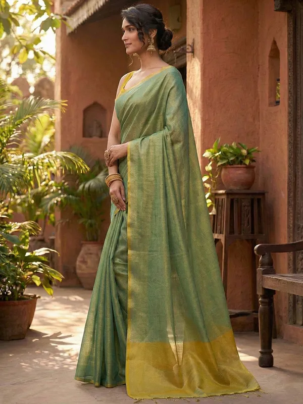 Teal_Green_Gold_Tissue_Silk_Solid_Zari_Border_Saree_For_Women
