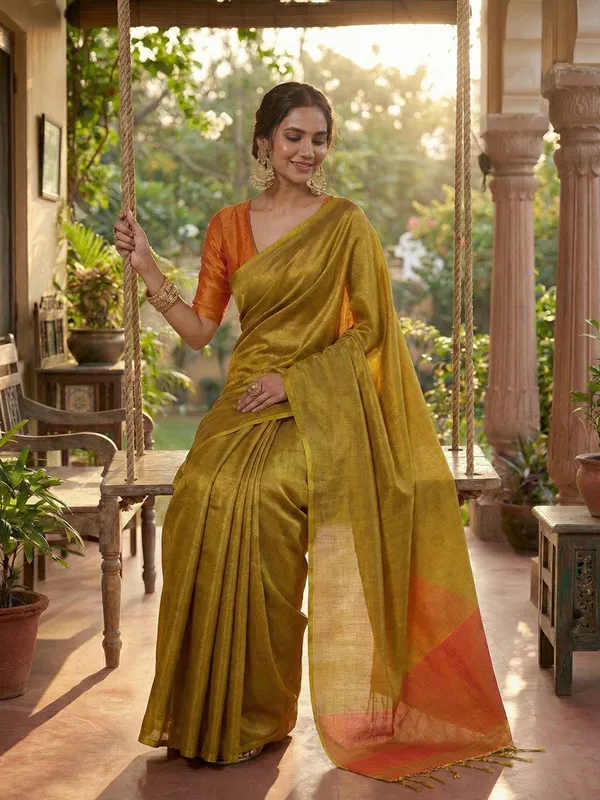Mustard_Yellow_Orange_Tissue_Silk_Contrast_Border_Saree_For_Women