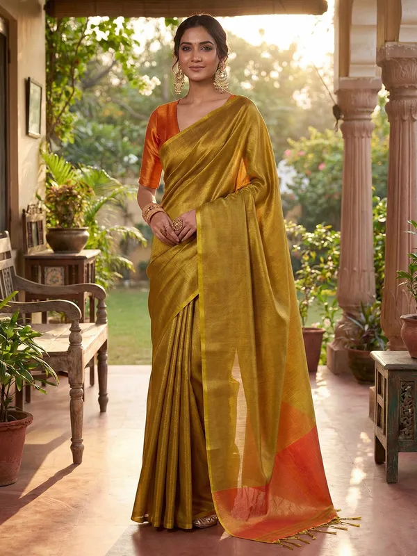 Mustard_Yellow_Orange_Tissue_Silk_Contrast_Border_Saree_For_Women