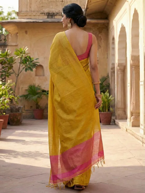 Bright_Yellow_Pink_Tissue_Silk_Zari_Border_Saree_For_Women