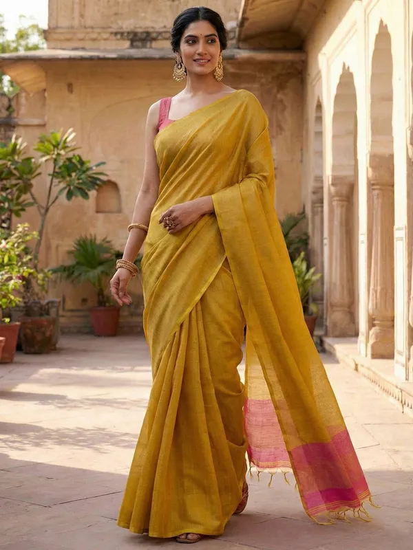 Bright_Yellow_Pink_Tissue_Silk_Zari_Border_Saree_For_Women