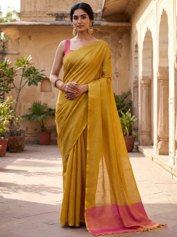 Bright_Yellow_Pink_Tissue_Silk_Zari_Border_Saree_For_Women