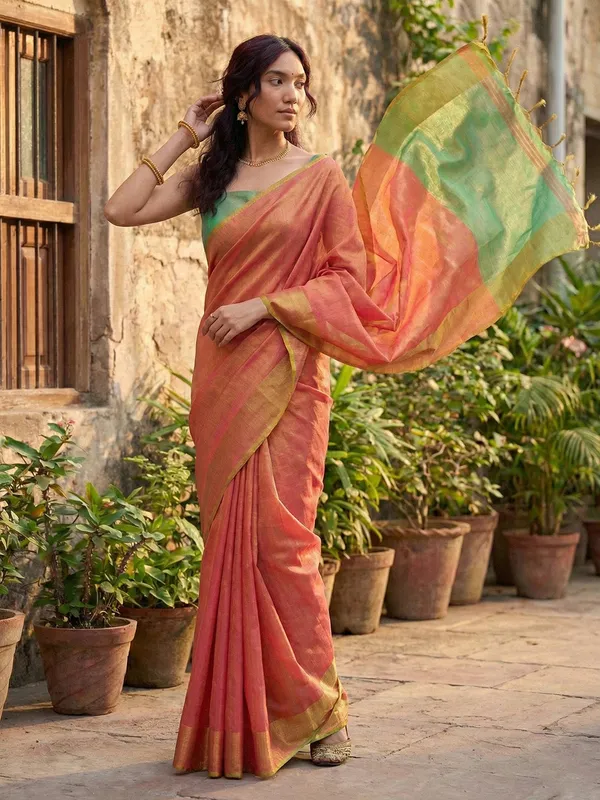 Coral_Peach_Green_Tissue_Silk_Contrast_Border_Saree_For_Women