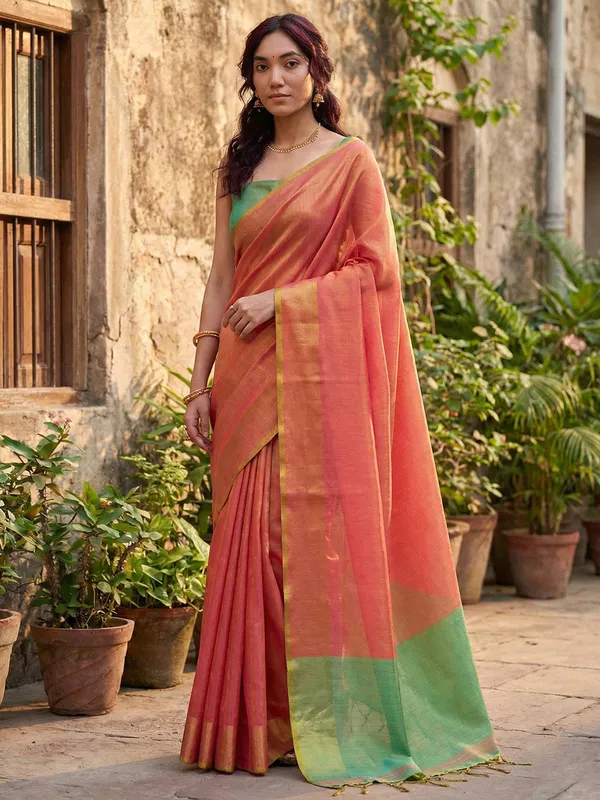 Coral_Peach_Green_Tissue_Silk_Contrast_Border_Saree_For_Women