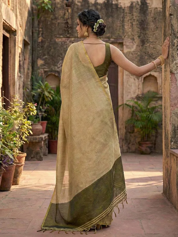 Beige_Olive_Green_Tissue_Silk_Solid_Zari_Border_Saree_For_Women