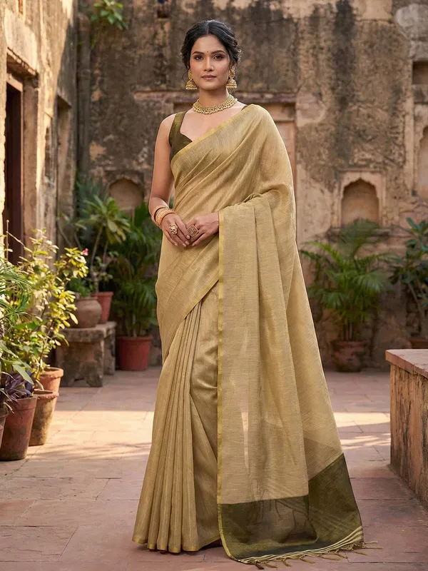 Beige_Olive_Green_Tissue_Silk_Solid_Zari_Border_Saree_For_Women
