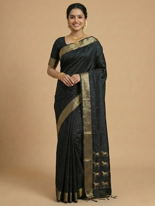 Black_Gold_Soft_Silk_Zari_Horse_Motif_Woven_Saree_For_Women