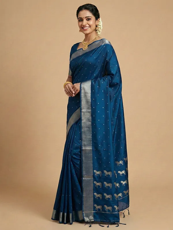 Peacock_Teal_Blue_Soft_Silk_Zari_Border_Ashwa_Woven_Saree_For_Women