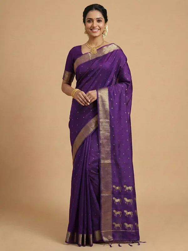 Purple_Violet_Soft_Silk_Gold_Zari_Horse_Motif_Saree_For_Women