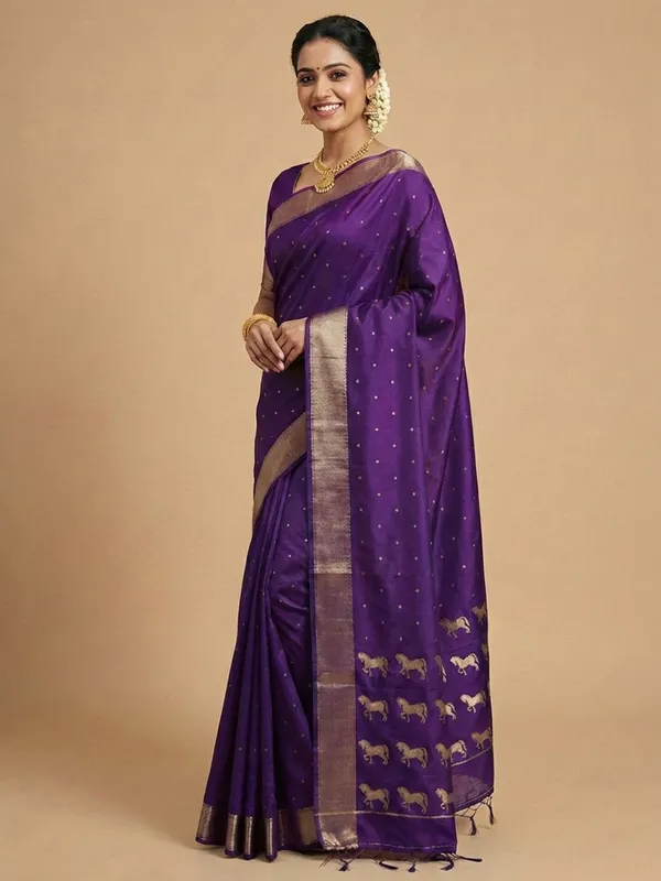 Purple_Violet_Soft_Silk_Gold_Zari_Horse_Motif_Saree_For_Women