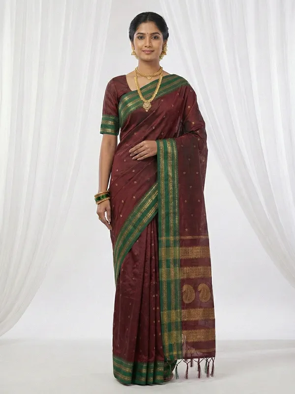 Deep_Maroon_Emerald_Green_Soft_Silk_Zari_Woven_Saree_For_Women