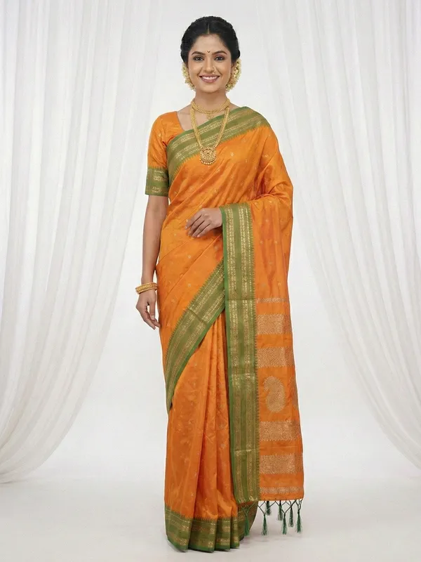 Orange_Green_Soft_Silk_Zari_Butta_Woven_Saree_For_Women