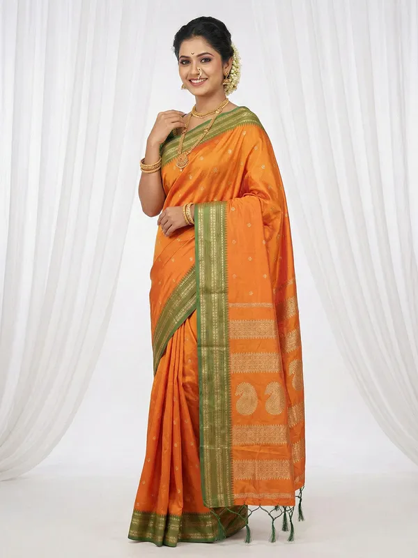 Orange_Green_Soft_Silk_Zari_Butta_Woven_Saree_For_Women