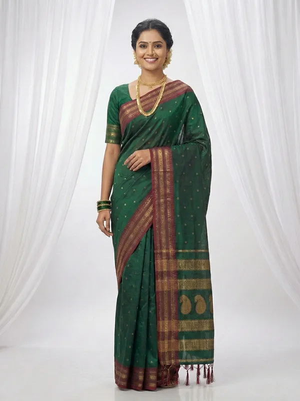 Dark_Green_Soft_Silk_Zari_Crimson_Red_Border_Saree_For_Women