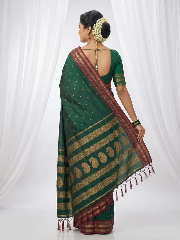 Dark_Green_Soft_Silk_Zari_Crimson_Red_Border_Saree_For_Women