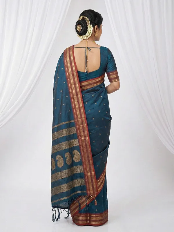 Teal_Blue_Soft_Silk_Zari_Border_Woven_Saree_For_Women