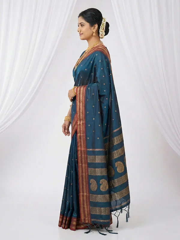 Teal_Blue_Soft_Silk_Zari_Border_Woven_Saree_For_Women