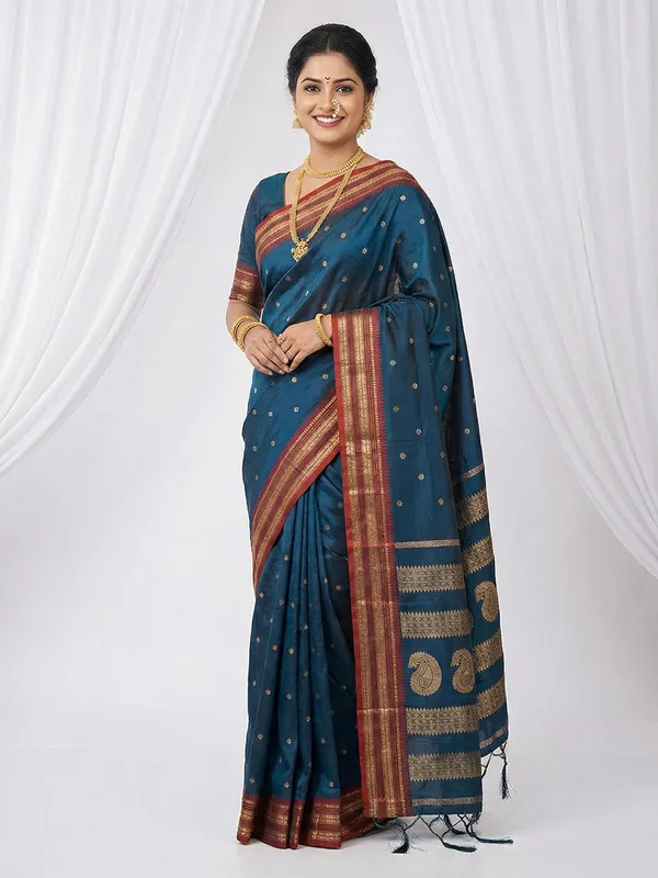 Teal_Blue_Soft_Silk_Zari_Border_Woven_Saree_For_Women
