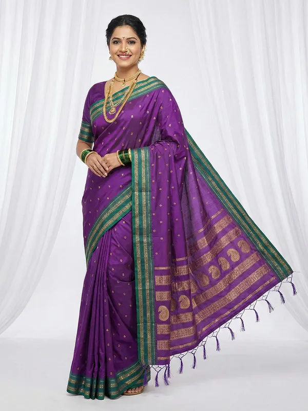 Violet_Soft_Silk_Contrast_Green_Zari_Border_Saree_For_Women