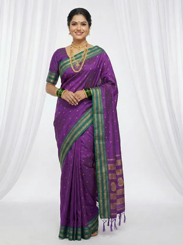 Violet_Soft_Silk_Contrast_Green_Zari_Border_Saree_For_Women