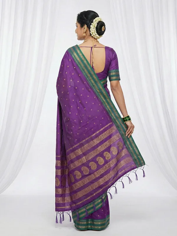 Violet_Soft_Silk_Contrast_Green_Zari_Border_Saree_For_Women