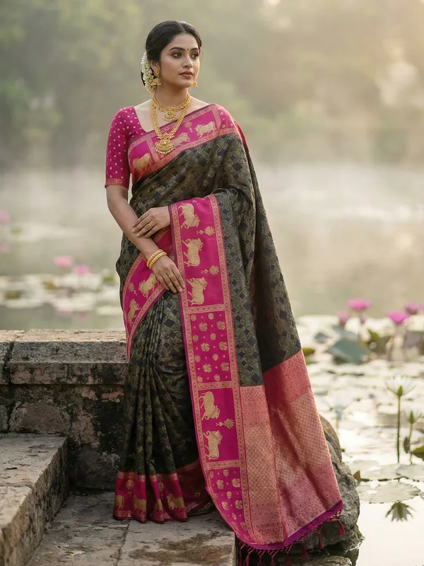 Black_Soft_Silk_Pink_Nandi_Zari_Temple_Border_Saree_For_Women