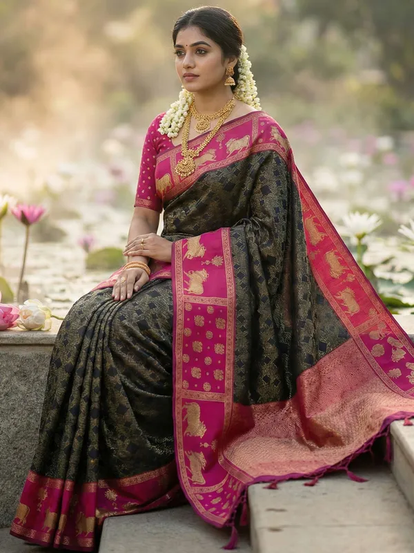 Black_Soft_Silk_Pink_Nandi_Zari_Temple_Border_Saree_For_Women