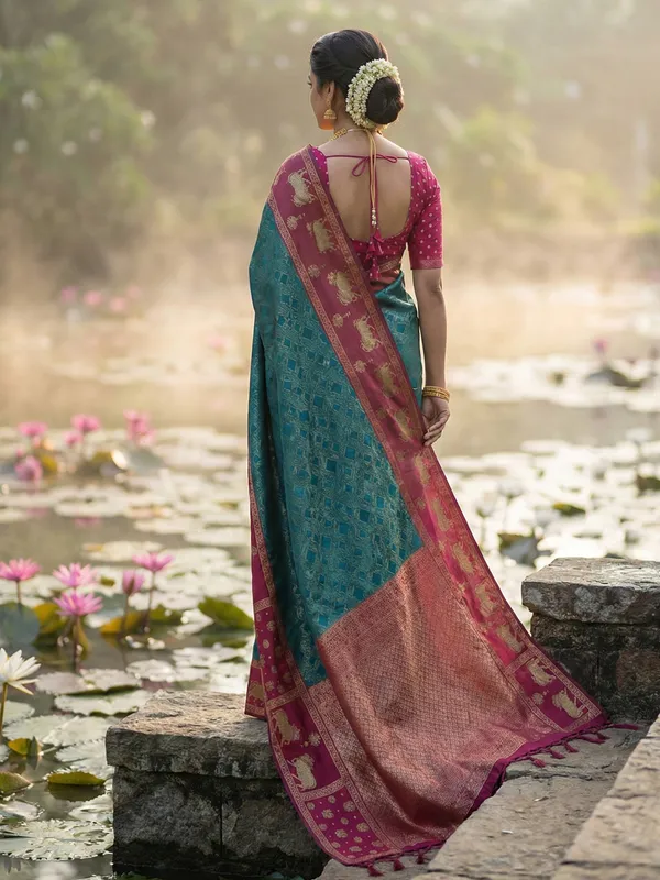 Teal_Blue_Pink_Soft_Silk_Nandi_Zari_Border_Saree_For_Women
