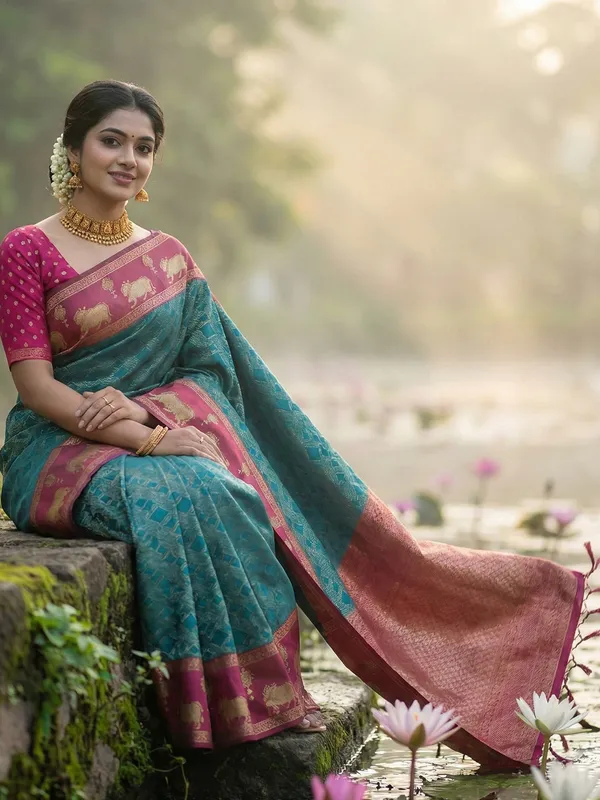 Teal_Blue_Pink_Soft_Silk_Nandi_Zari_Border_Saree_For_Women