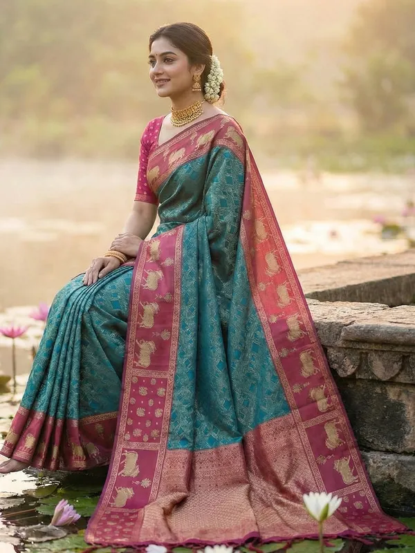 Teal_Blue_Pink_Soft_Silk_Nandi_Zari_Border_Saree_For_Women